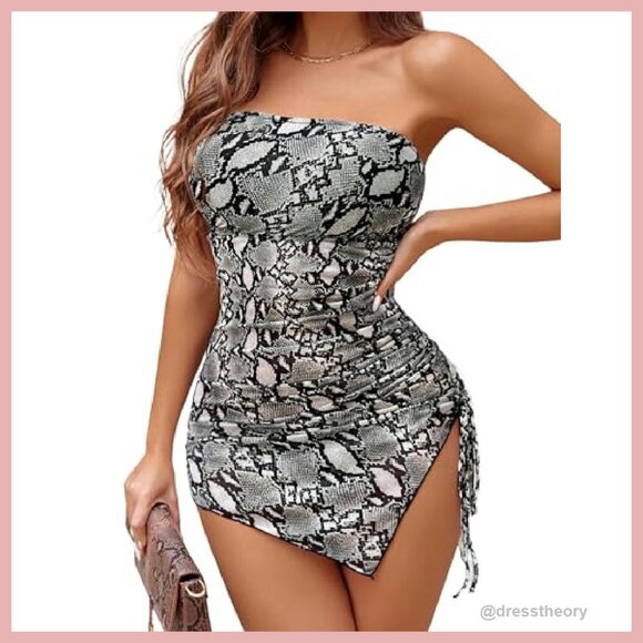 Mesh Bodycon Mini Dress Tube Top Ruched Slit Clubwear - Picture 2 of 7